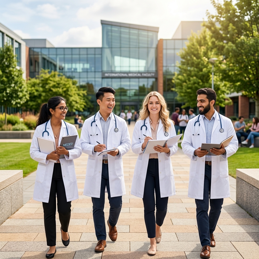 Group of smiling medical students in white coats representing Unimed Overseas